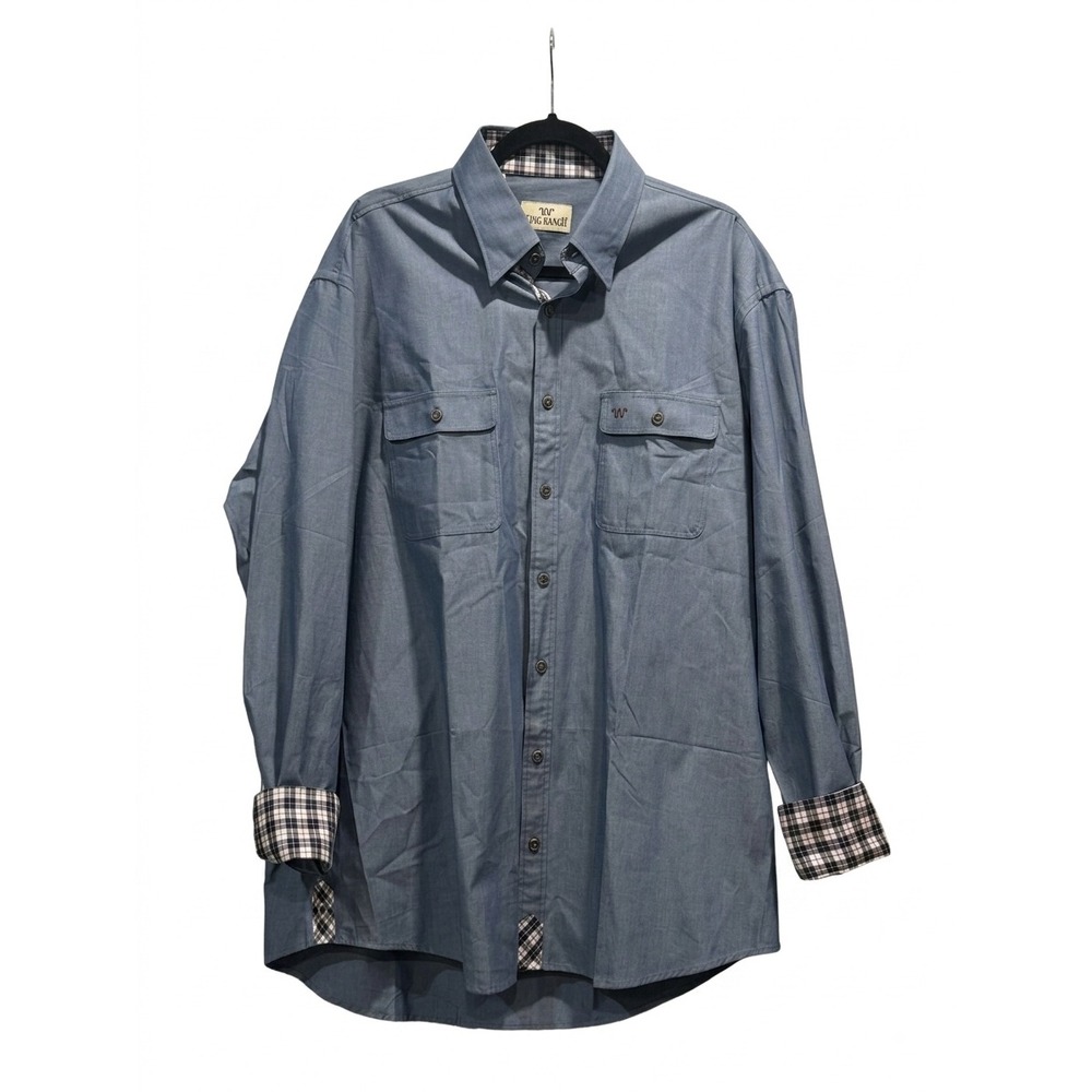 King Ranch Mens Blue Long Sleeve Button Down Plaid Trim Shirt XL Running W Brand